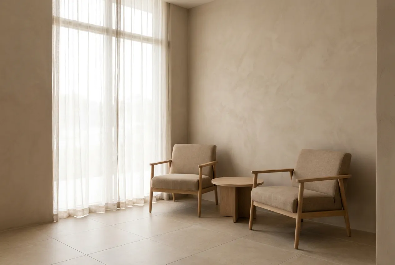 Sudut area tunggu dengan dua kursi berlapis linen menghadap jendela tinggi berkerai linen, meja kecil kayu di antaranya