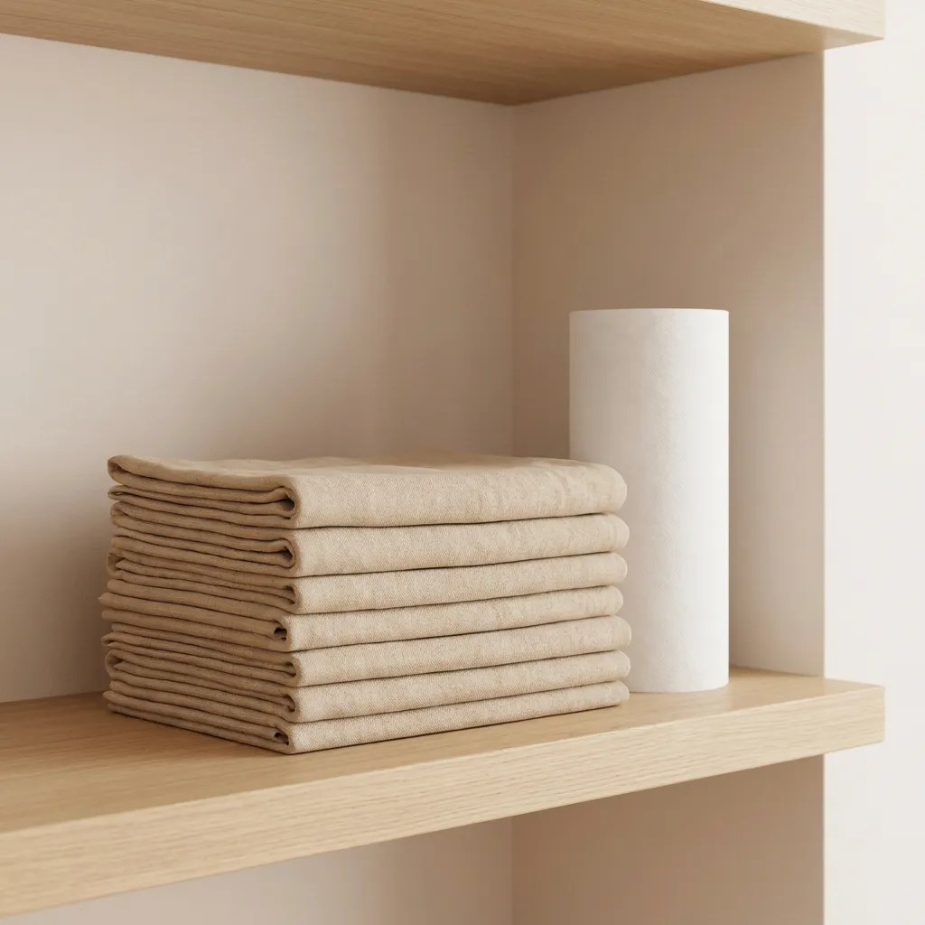 Tumpukan handuk linen terlipat rapi di samping gulungan sprei sekali pakai, di atas rak kayu ek