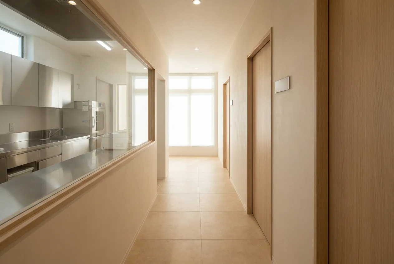 Koridor area tindakan dengan tiga pintu berpermukaan rata di satu sisi dan panel kaca area sterilisasi di sisi lain