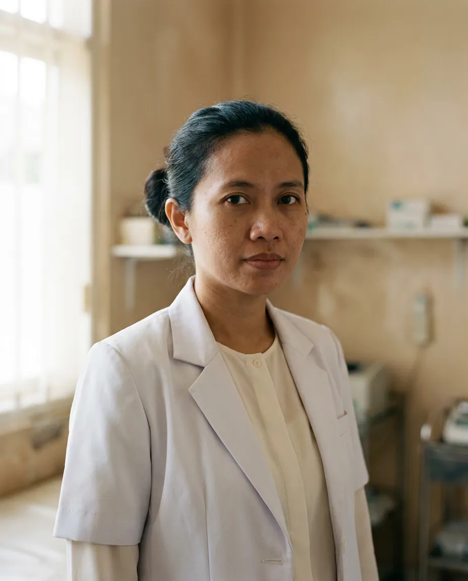 dr. Larasati Hapsari mengenakan jas klinik di ruang konsultasi cabang Bintaro, dengan cahaya jendela dari sisi kiri