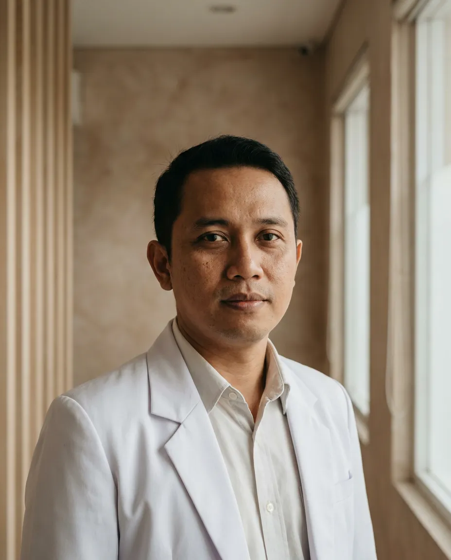 dr. Rangga Adhyaksa mengenakan jas klinik, berdiri di koridor klinik dengan cahaya jendela dari sisi kanan